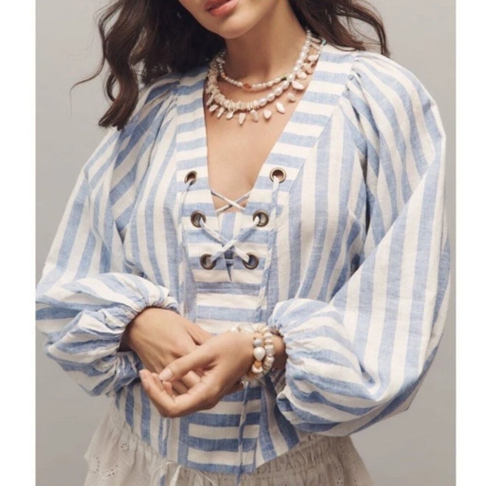 By Anthropologie Linen Dolman Lace-Up Blouse Periwinkle Blue White S